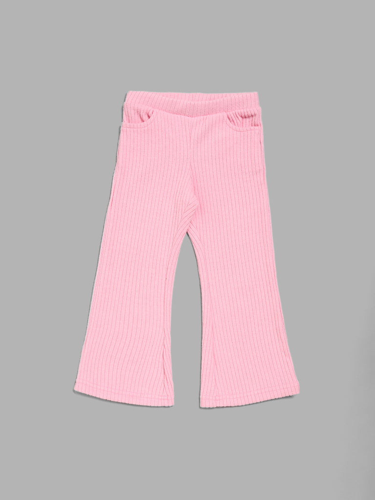 HOP Kids Pink Self-Striped Bootcut Trousers