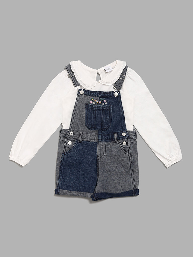 HOP Kids Embroidered Blue Denim T-Shirt & Dungaree Set