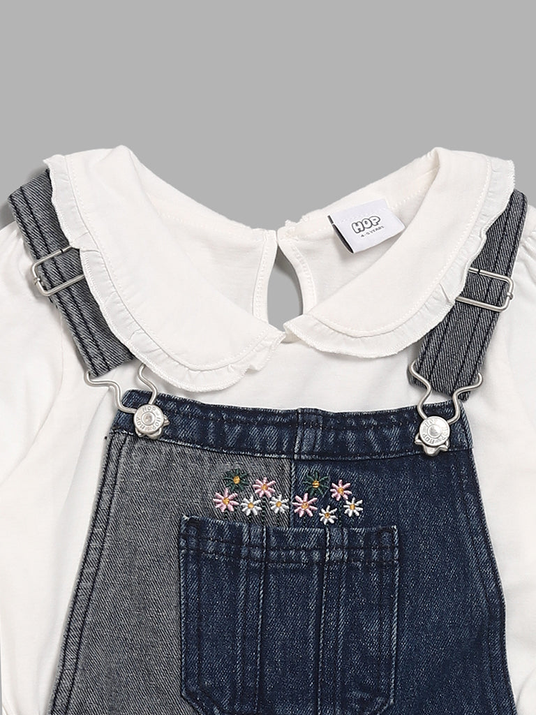 HOP Kids Embroidered Blue Denim T-Shirt & Dungaree Set