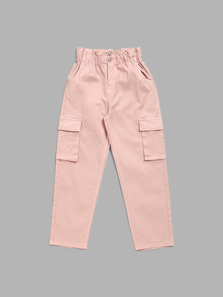 Y&F Kids Solid Light Orange Elasticated Cargo Pants