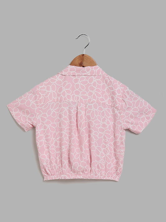 Y&F Kids Pink Doodle Floral Printed Tie Up Shirt