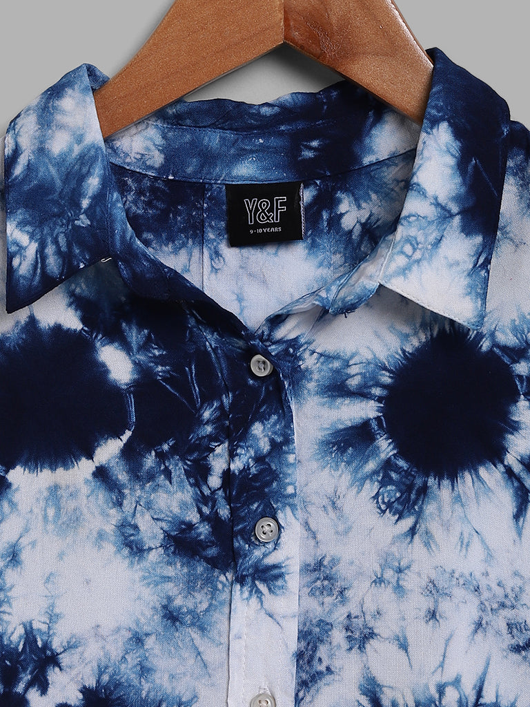 Y&F Kids Blue Tie-Dye Printed Crop Shirt