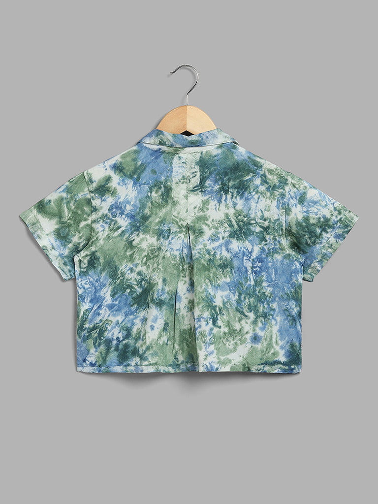 Y&F Kids Green & Blue Tie-Dye Printed Crop Shirt