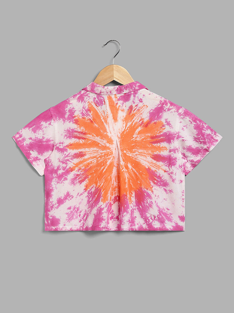 Y&F Kids Pink & Orange Tie-Dye Printed Crop Shirt