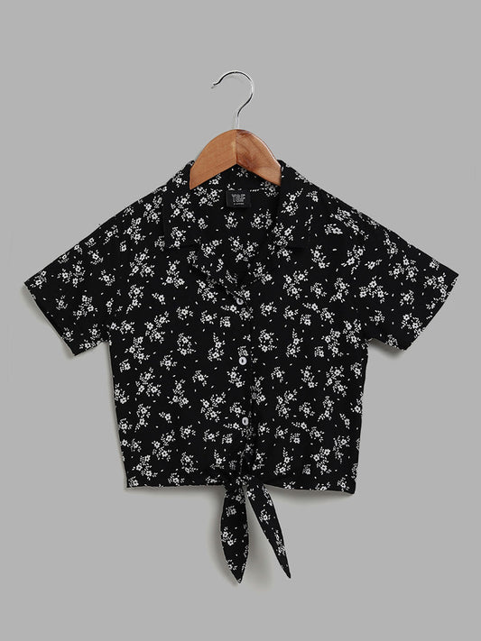 Y&F Kids Black Floral Printed Tie Up Shirt