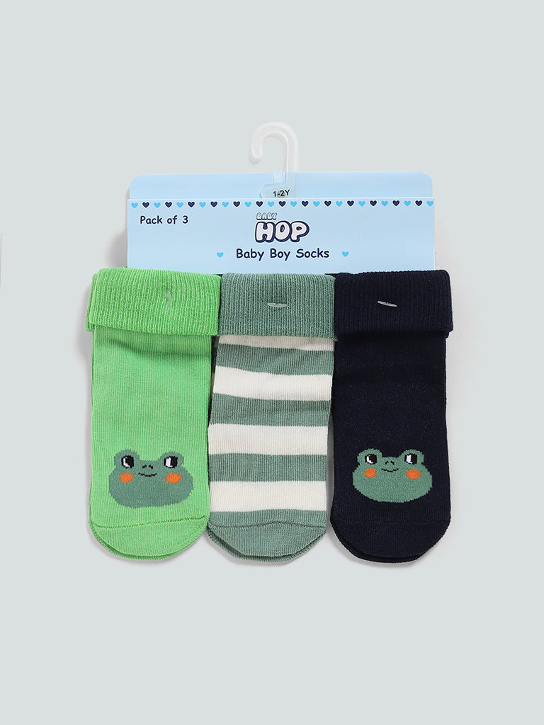 HOP Baby Green Frog Printed Socks - Pack of 3