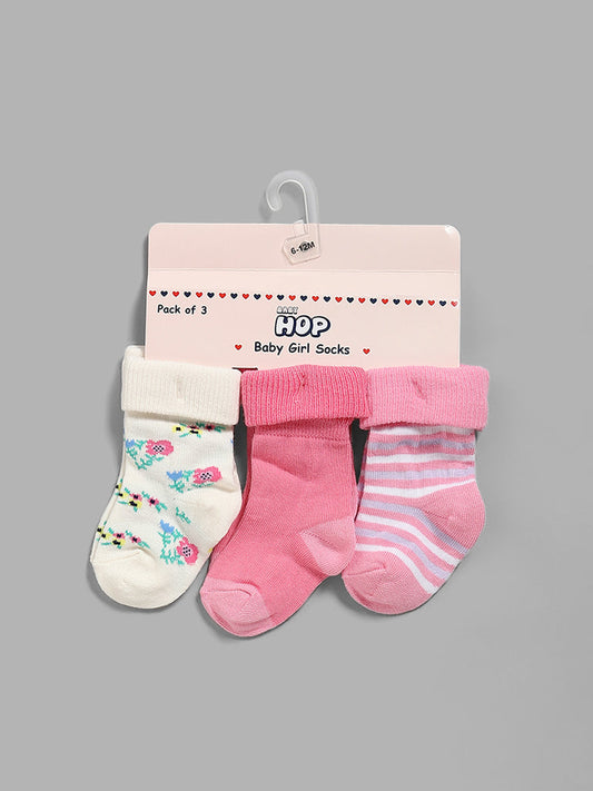 HOP Baby Multicolour Floral & Stripe Print Socks - Pack of 3