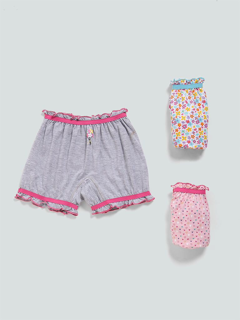 HOP Kids Heart Printed Multicolour Bloomers - Pack of 3