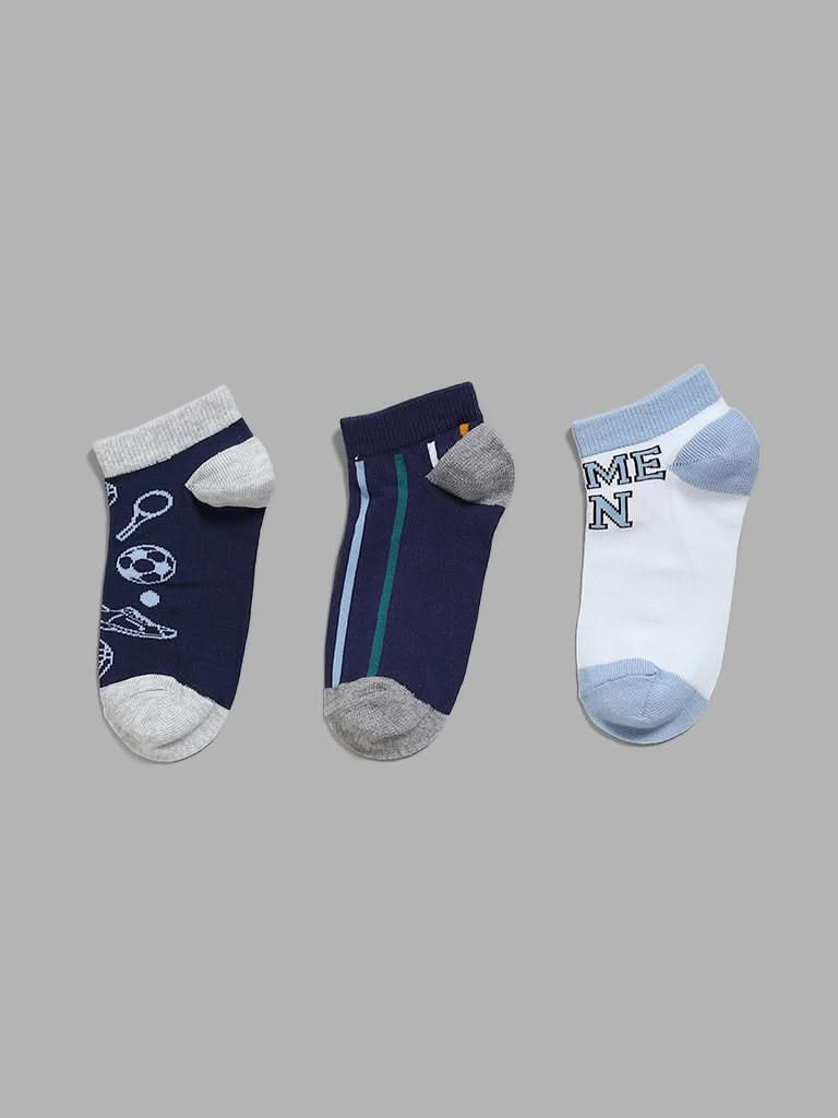 Y&F Kids Blue Patterned Ankle Socks - Pack of 3