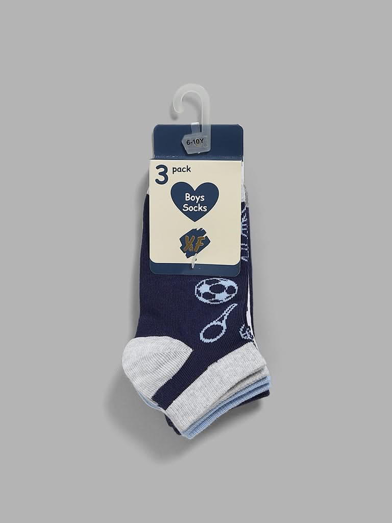 Y&F Kids Blue Patterned Ankle Socks - Pack of 3