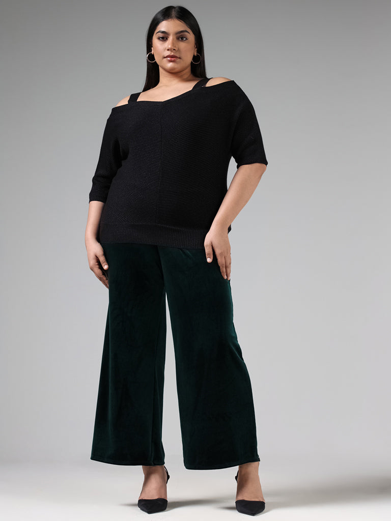 Gia Black Ribbed Off-Shoulder Knitted Top