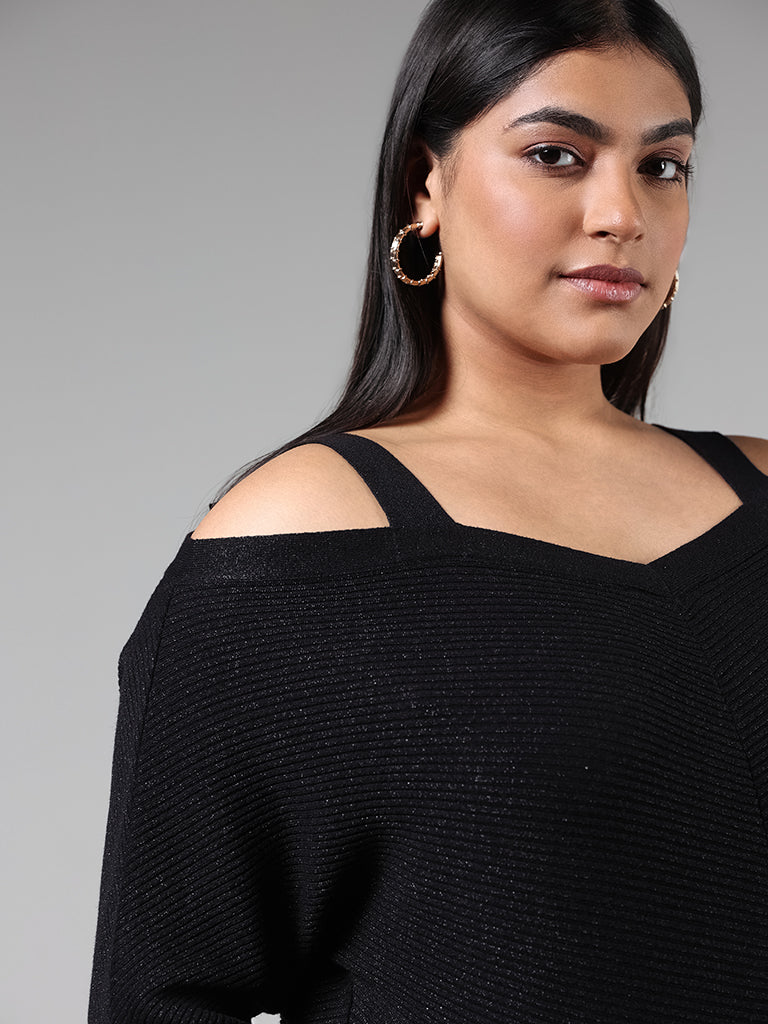 Gia Black Ribbed Off-Shoulder Knitted Top