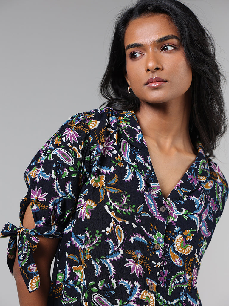 LOV Navy Blue Floral Paisley Printed Crepe Blouse