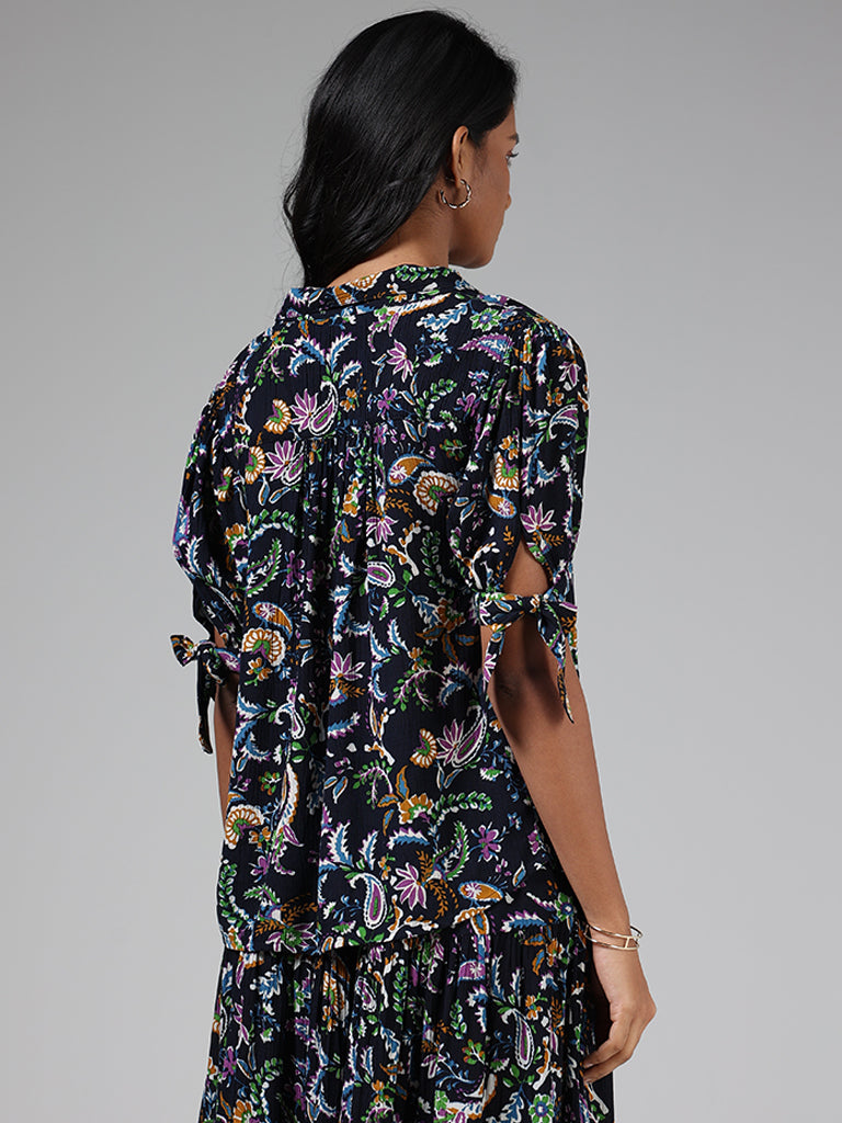 LOV Navy Blue Floral Paisley Printed Crepe Blouse