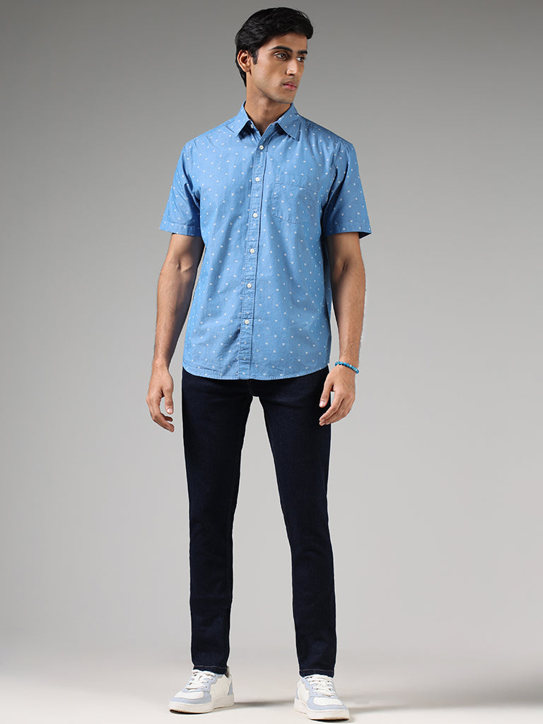 WES Casuals Blue Floral Printed Cotton Relaxed-Fit Shirt