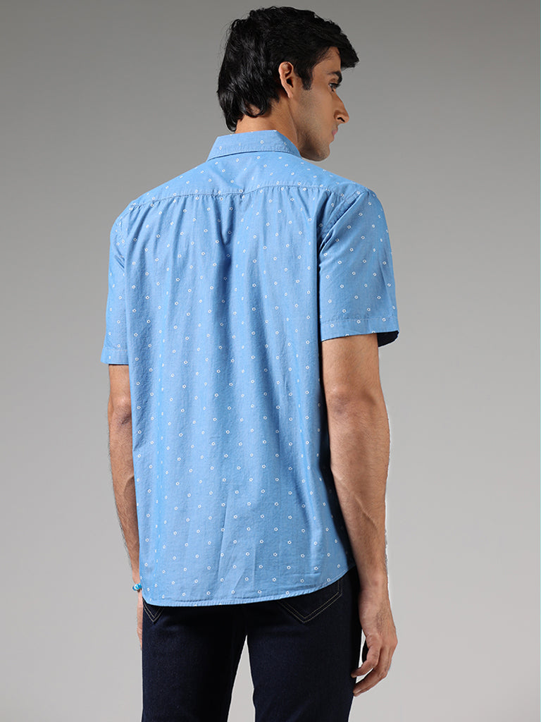 WES Casuals Blue Floral Printed Cotton Relaxed-Fit Shirt