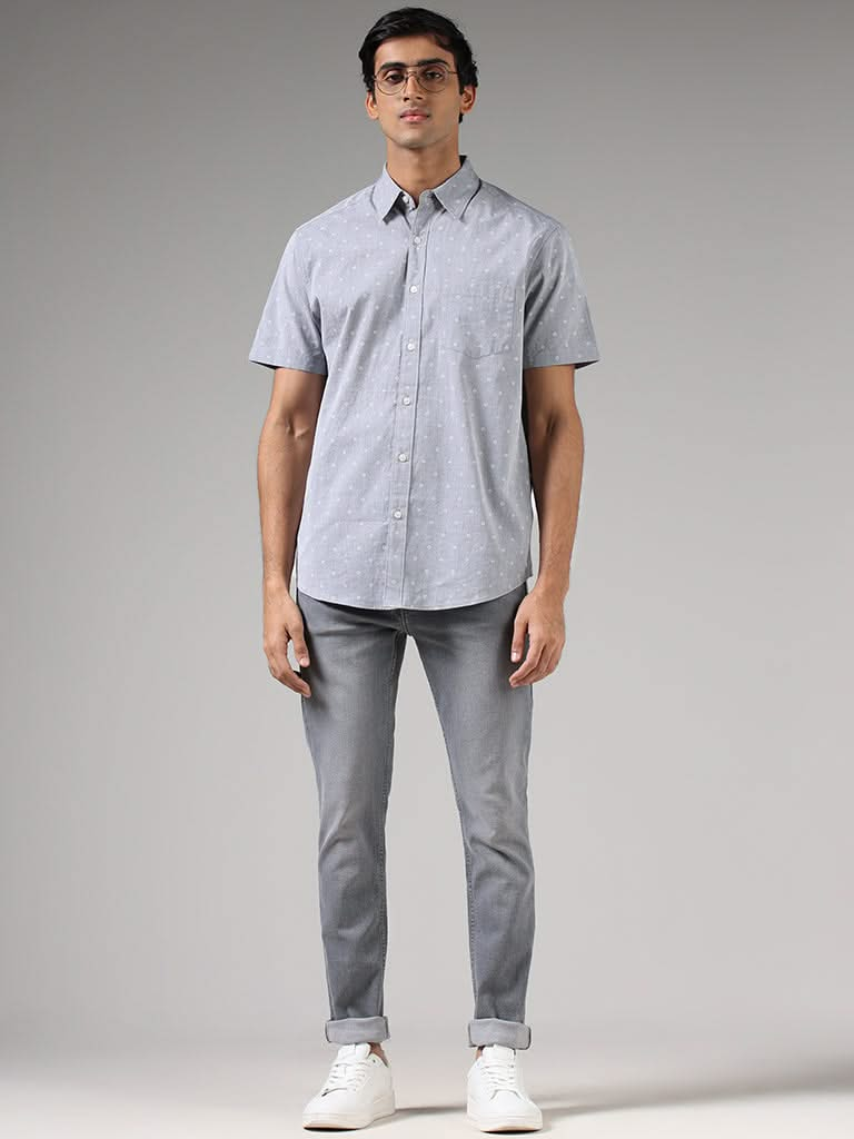 WES Casuals Light Grey Floral Printed Cotton Relaxed-Fit Shirt