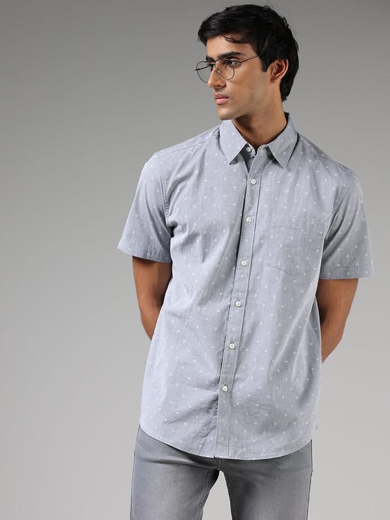 WES Casuals Light Grey Floral Printed Cotton Relaxed-Fit Shirt