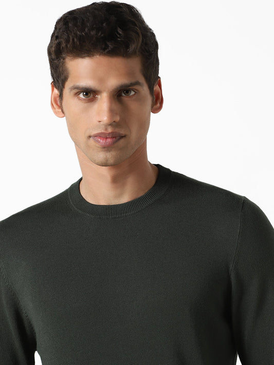 WES Formals Solid Forest Green Ribbed Slim-Fit Sweater