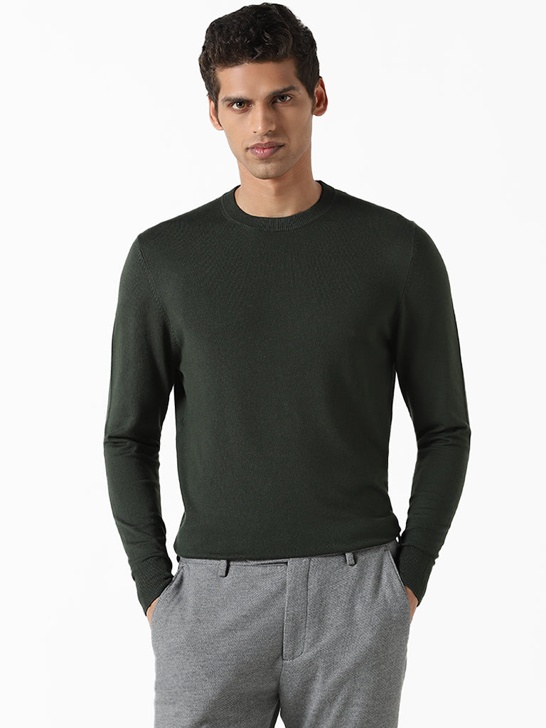 WES Formals Solid Forest Green Ribbed Slim-Fit Sweater