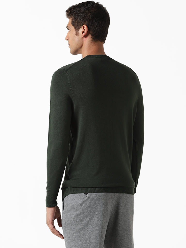 WES Formals Solid Forest Green Ribbed Slim-Fit Sweater