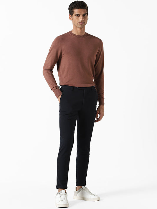 WES Formals Solid Brown Ribbed Slim-Fit Sweater