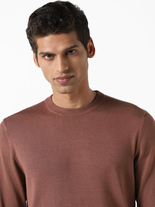 WES Formals Solid Brown Ribbed Slim-Fit Sweater