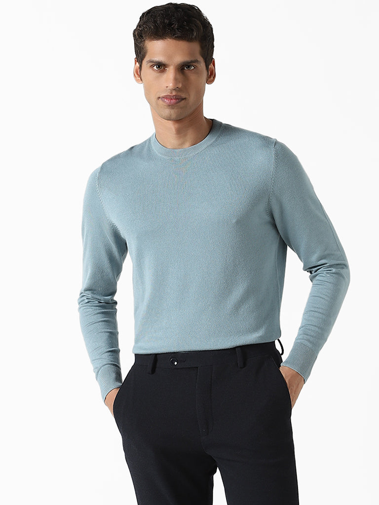 WES Formals Solid Sea Blue Ribbed Sweater