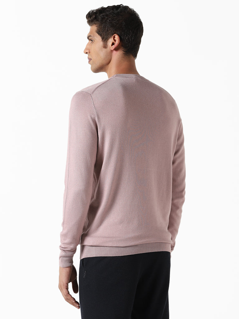 WES Formals Solid Dusty Pink Ribbed Slim-Fit Sweater