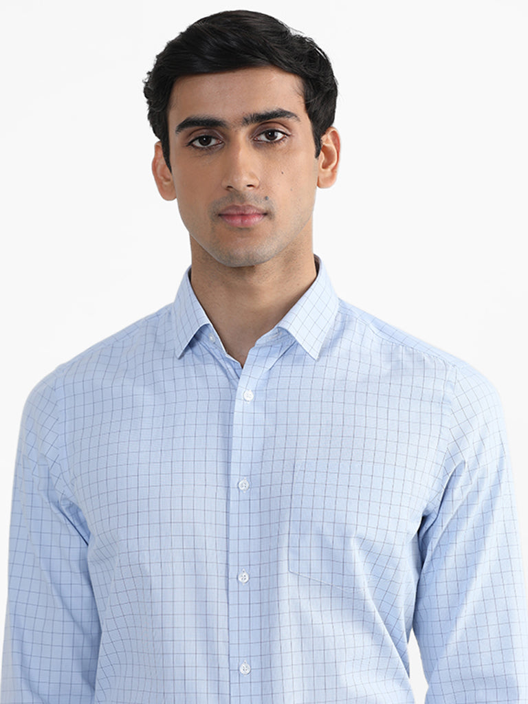 WES Formals Blue Printed Checkered Slim-Fit Shirt