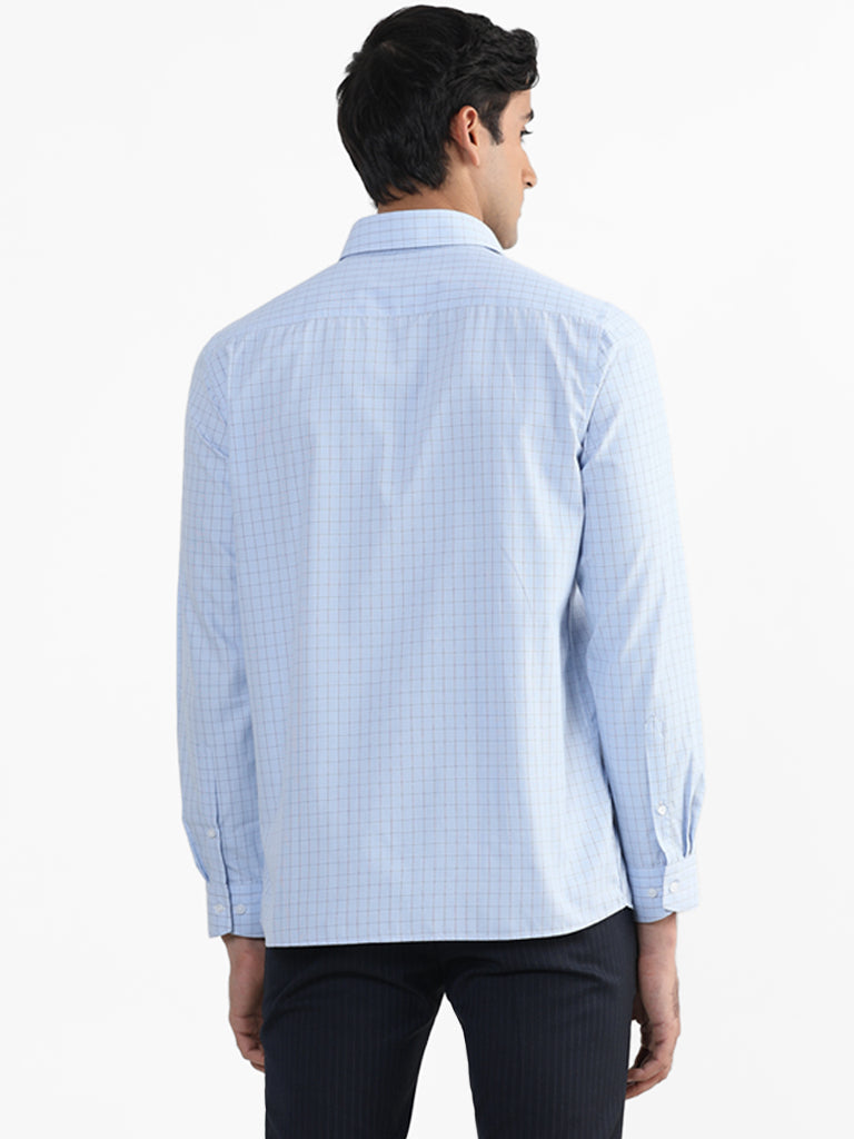 WES Formals Blue Printed Checkered Slim-Fit Shirt