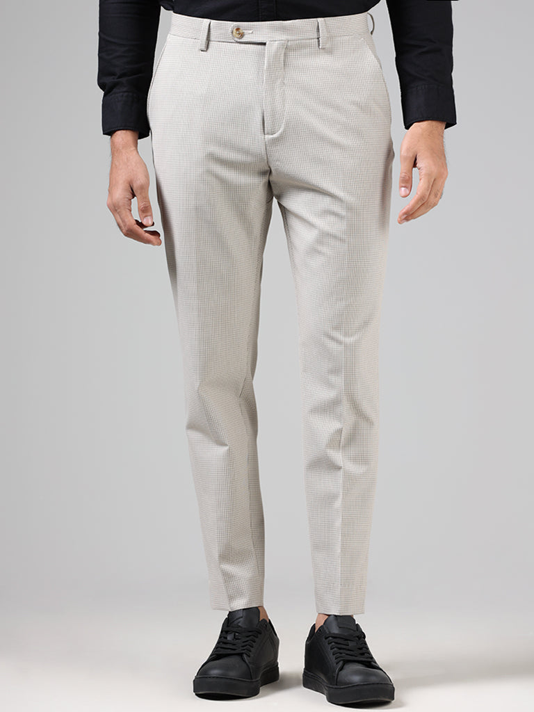 WES Formals Beige Tattersall Checked Slim-Fit Mid-Rise Trousers