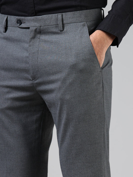 WES Formals Solid Grey Slim-Fit Mid-Rise Trousers