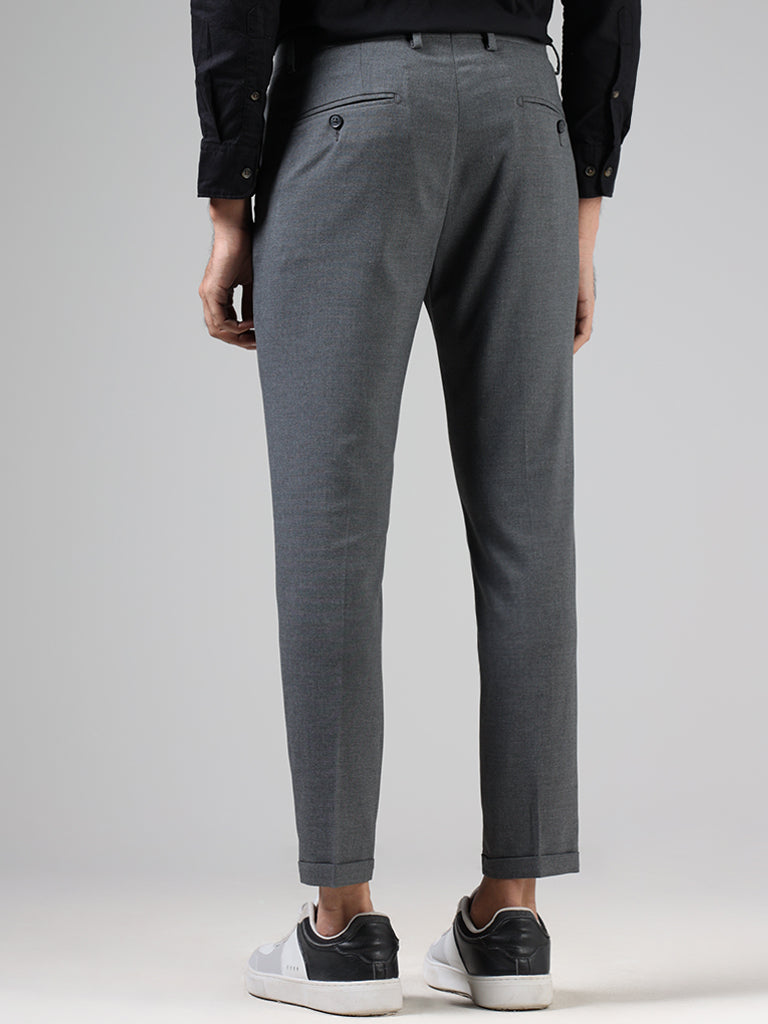 WES Formals Solid Grey Slim-Fit Mid-Rise Trousers