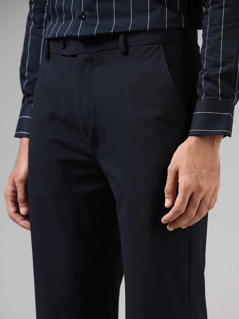 WES Formals Solid Navy Slim-Fit Mid-Rise Trousers