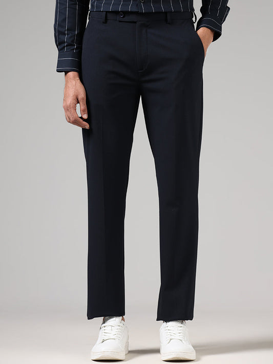 WES Formals Solid Navy Slim-Fit Mid-Rise Trousers