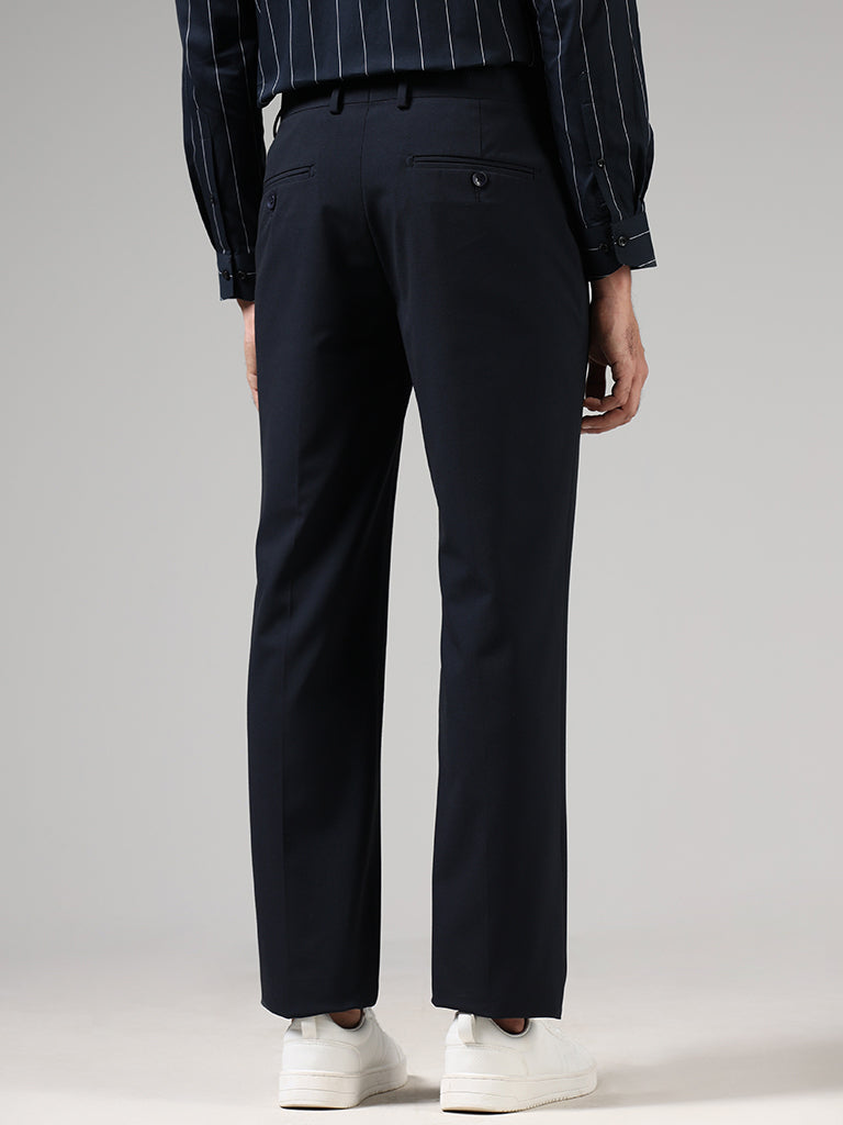 WES Formals Solid Navy Slim-Fit Mid-Rise Trousers