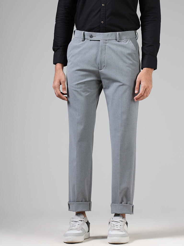 WES Formals Solid Light Grey Slim-Fit Mid-Rise Trousers