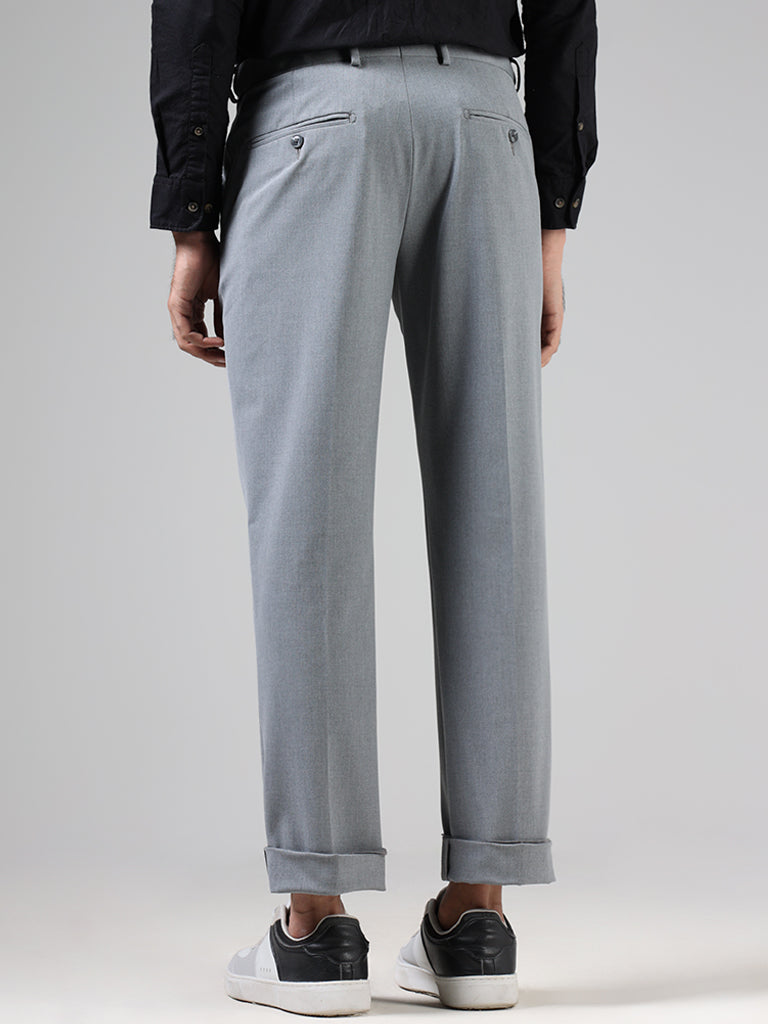 WES Formals Solid Light Grey Slim-Fit Mid-Rise Trousers