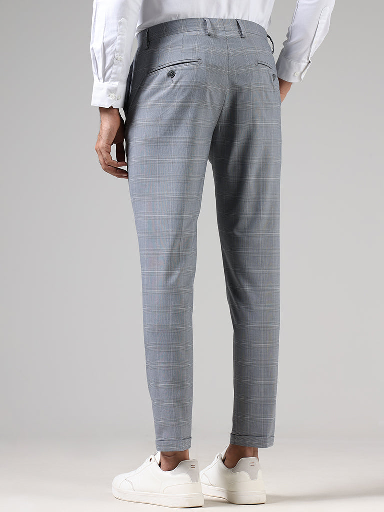 WES Formals Grey Glen Plaid Checked Slim-Fit Mid-Rise Trousers