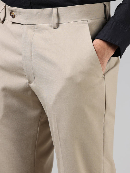 WES Formals Solid Light Khaki Relaxed-Fit Mid-Rise Trousers