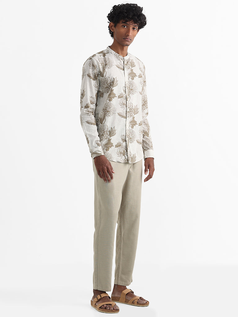 ETA Taupe Printed Floral Cotton Relaxed-Fit Shirt