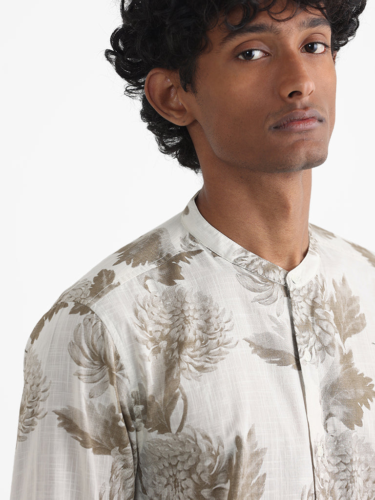 ETA Taupe Printed Floral Cotton Relaxed-Fit Shirt