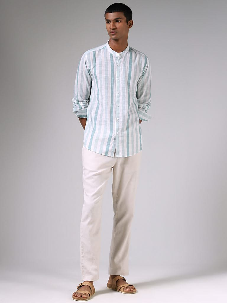 ETA Teal Striped Printed Cotton Resort-Fit Shirt