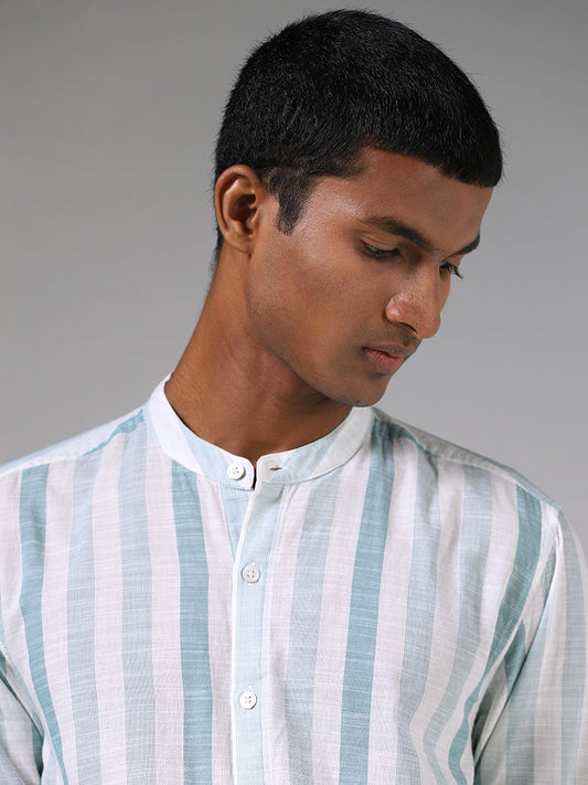 ETA Teal Striped Printed Cotton Resort-Fit Shirt