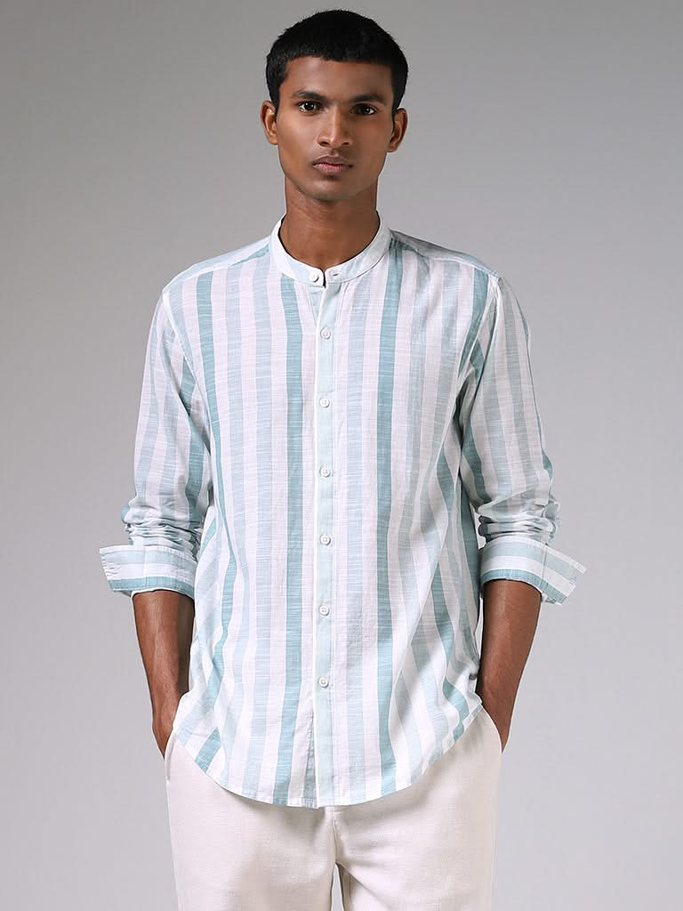 ETA Teal Striped Printed Cotton Resort-Fit Shirt