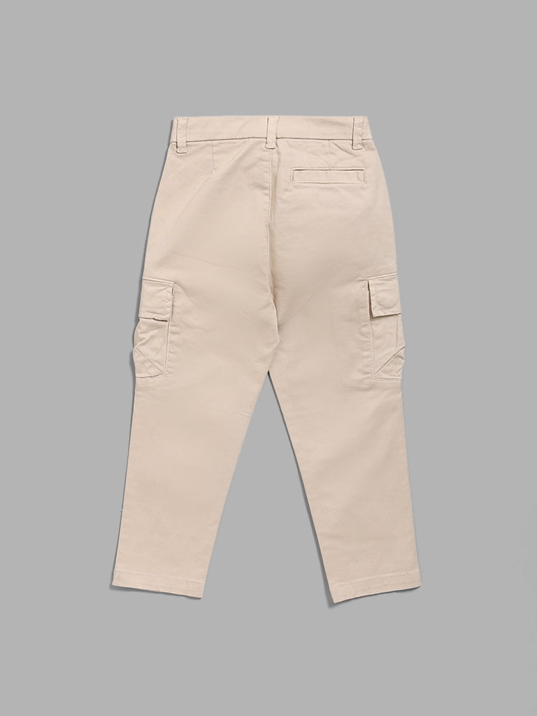 HOP Kids Solid Light Beige Cargo Trousers