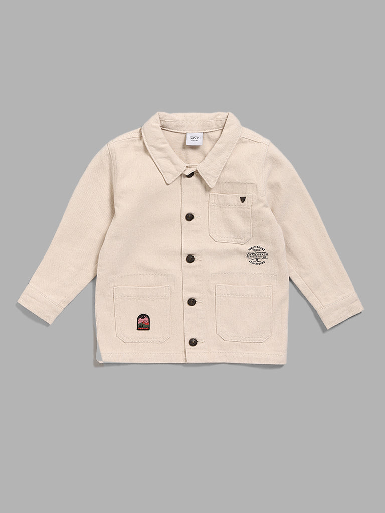 HOP Kids Typography Printed Light Beige Jacket