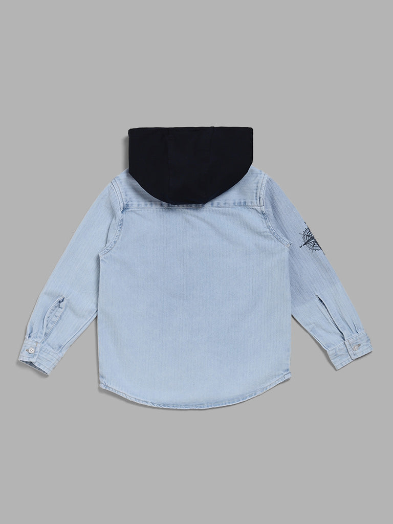 HOP Kids Mid Blue Printed Shirt with Hood