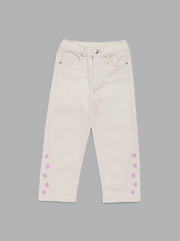 HOP Kids Off White Floral Printed Relaxed - Fit Mid - Rise Denim Jeans